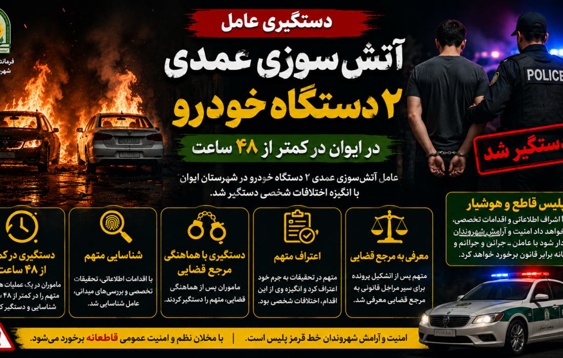 دستگیری عامل آتش‌سوزی عمدی ۲ دستگاه خودرو در ایوان در کمتر از ۴۸ ساعت