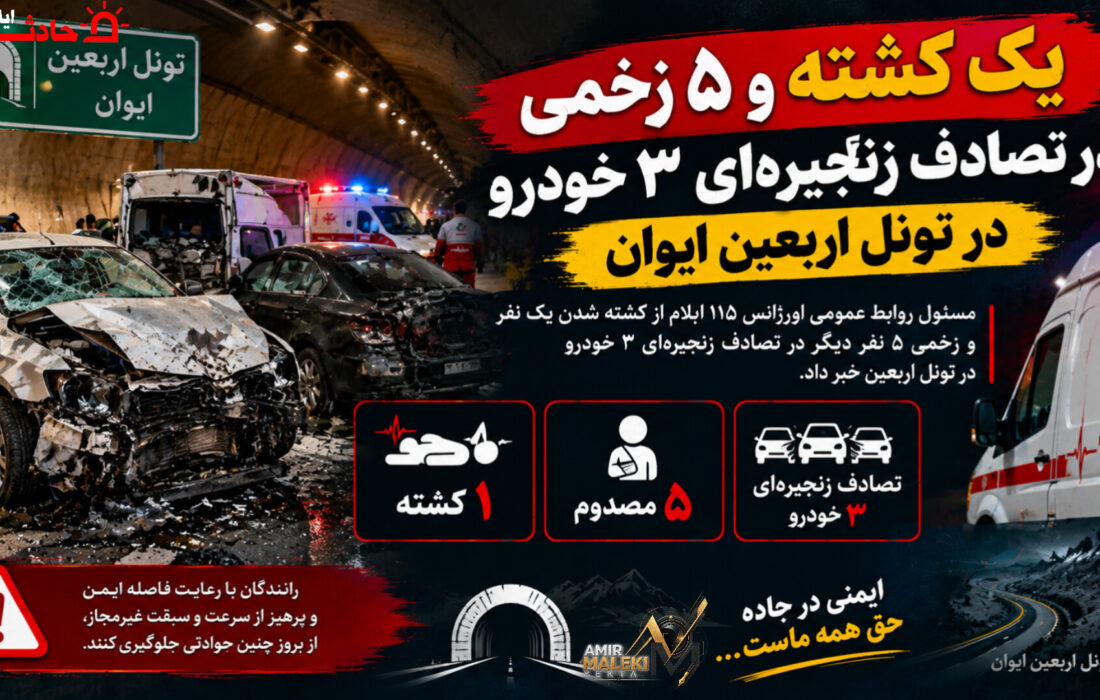 یک کشته و ۵ زخمی درتصادف زنجیره ای ۳خودرو در تونل اربعین ایوان